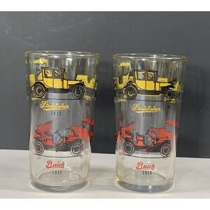 Set of 2 Vintage Auto History Glass Tumblers Buick Studebaker Ford Chevrolet